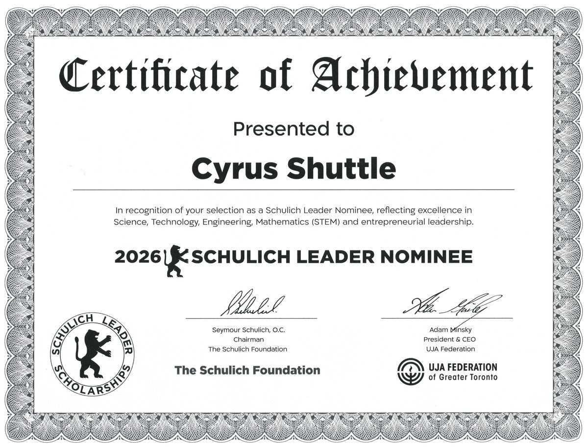 Schulich Leader nominee certificate