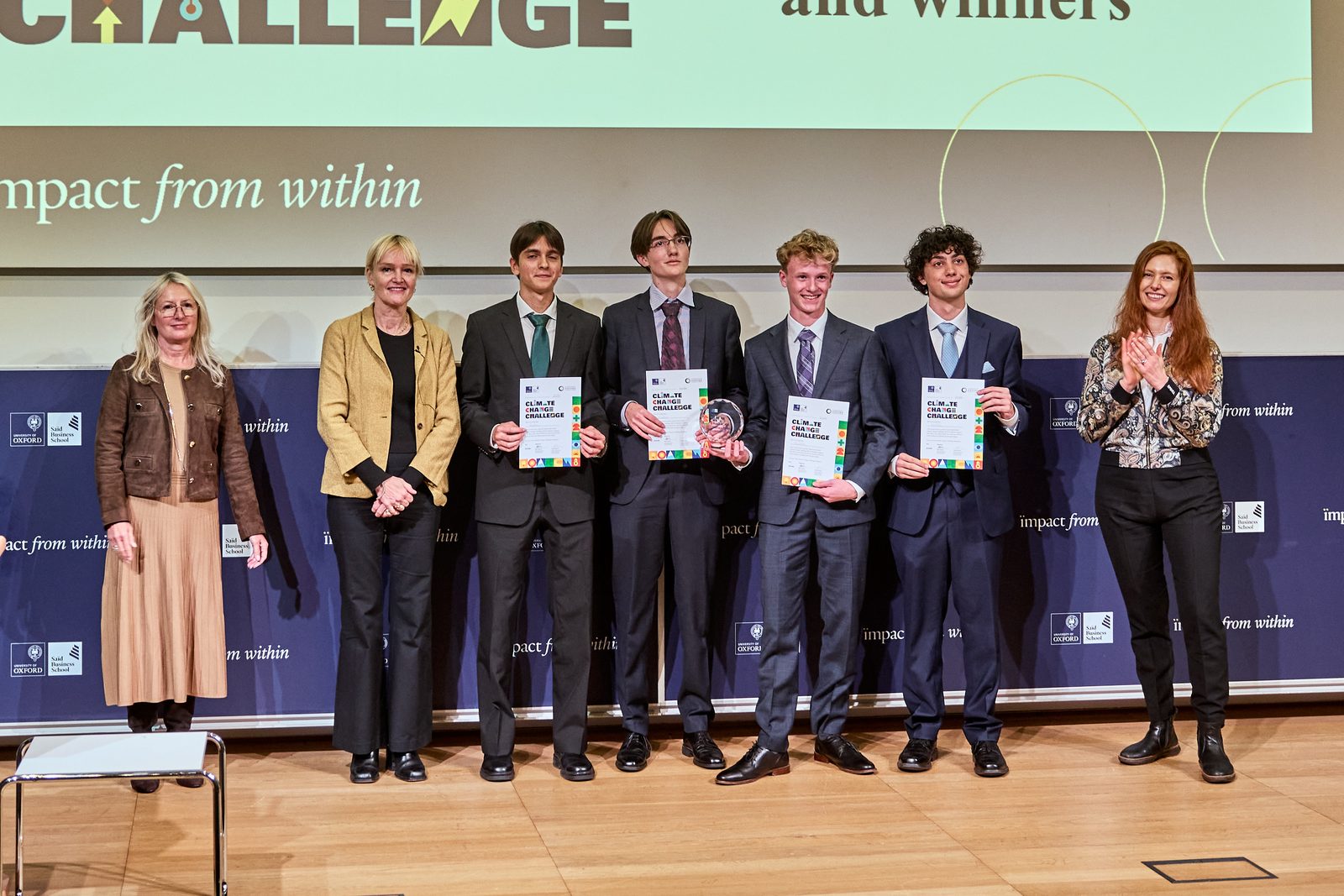 Team EcoCoil on stage at the Oxford Saïd Global Climate Change Challenge